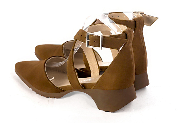 Caramel brown women's open side shoes, with crossed straps.. Rear view - Florence KOOIJMAN